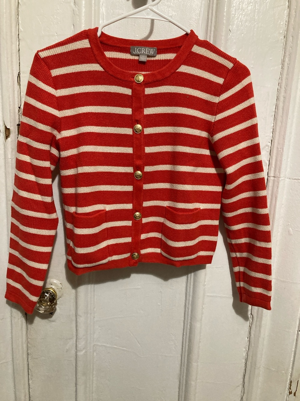 J. Crew Red and Cream Striped Button-Up Cardigan
